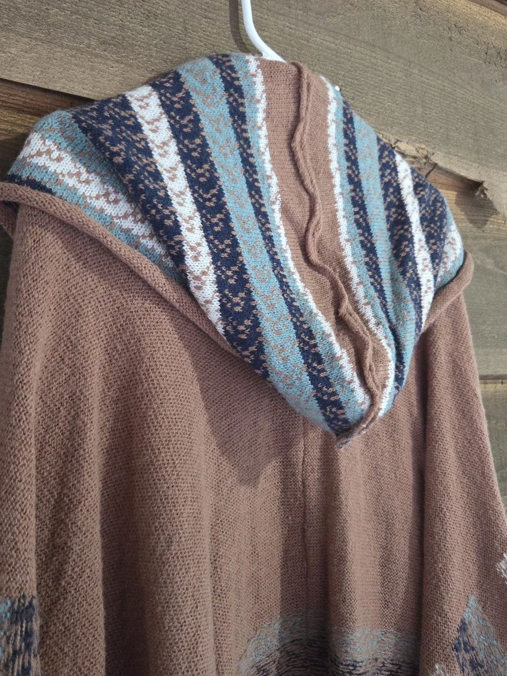 Easel Rust Hooded Fringe Wrap with Blue and Cream Stripes Western Native Indian